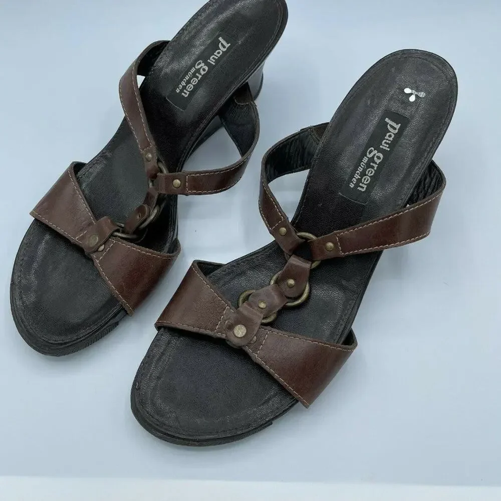 Paul Green Brown Open Toe Wedge Heel Leather 6.5 Y2K